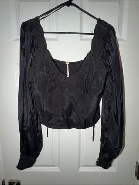Free People Black Lace-Detail Long-Sleeve Blouse